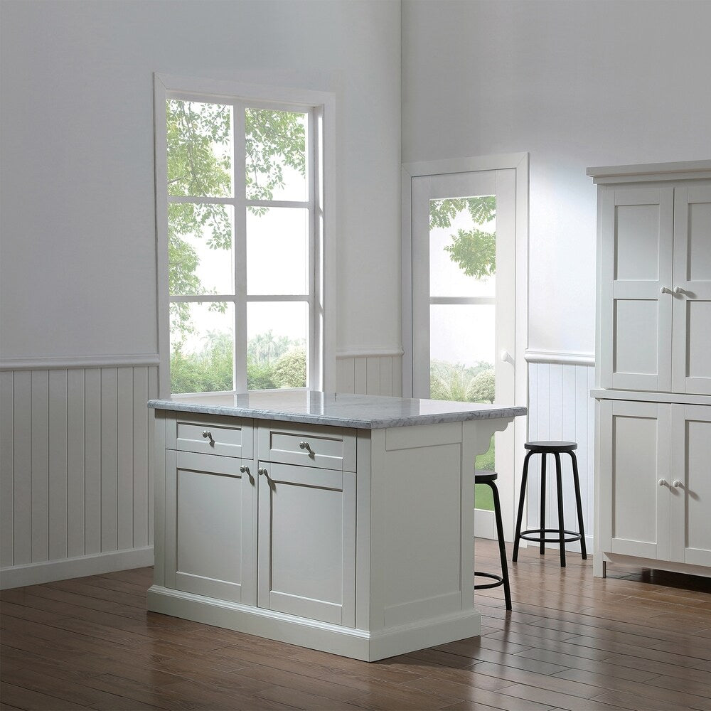 OVE Decors Archer 54 in.Soft White Kitchen Island with Carrara Marble Countertop with Drawers