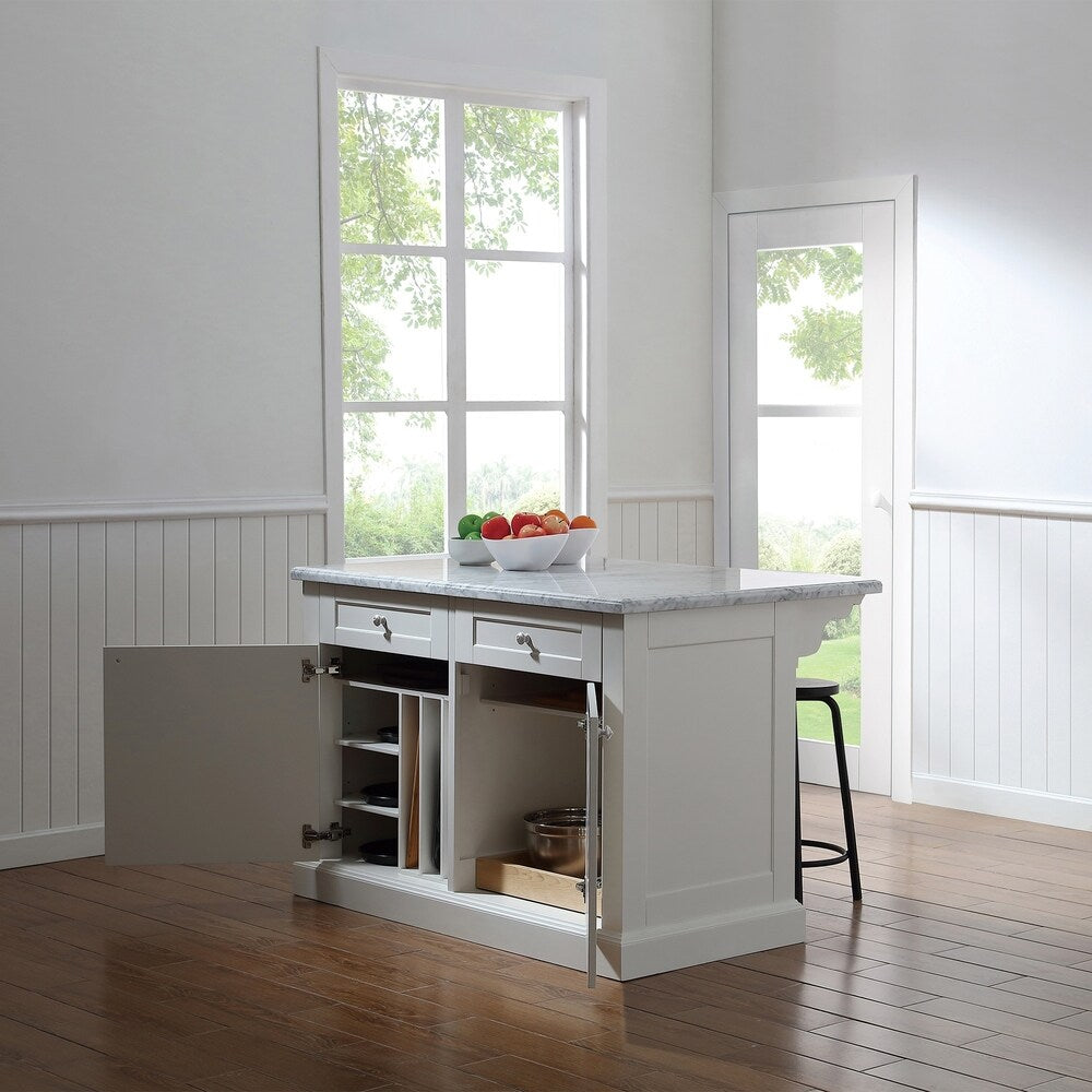OVE Decors Archer 54 in.Soft White Kitchen Island with Carrara Marble Countertop with Drawers