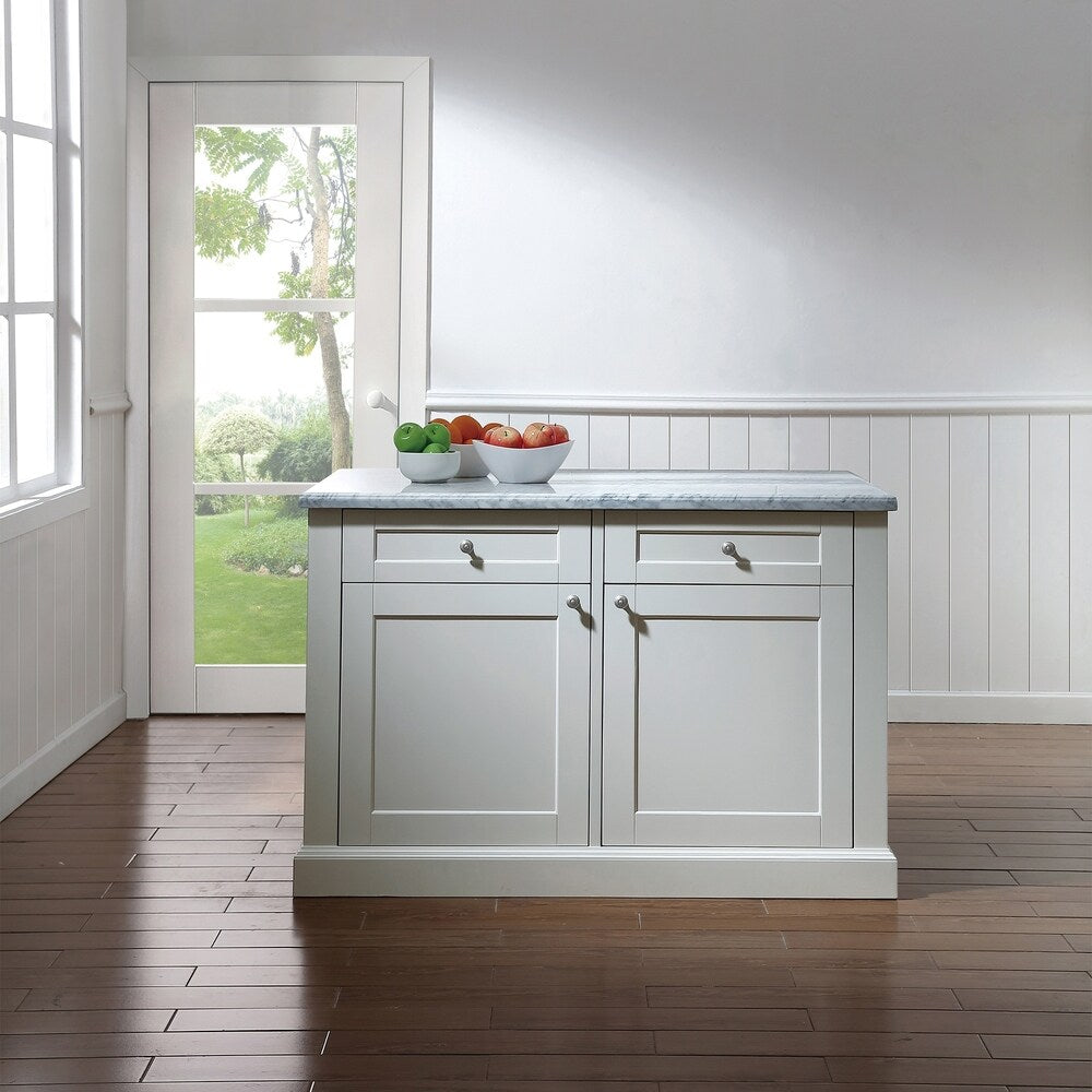 OVE Decors Archer 54 in.Soft White Kitchen Island with Carrara Marble Countertop with Drawers