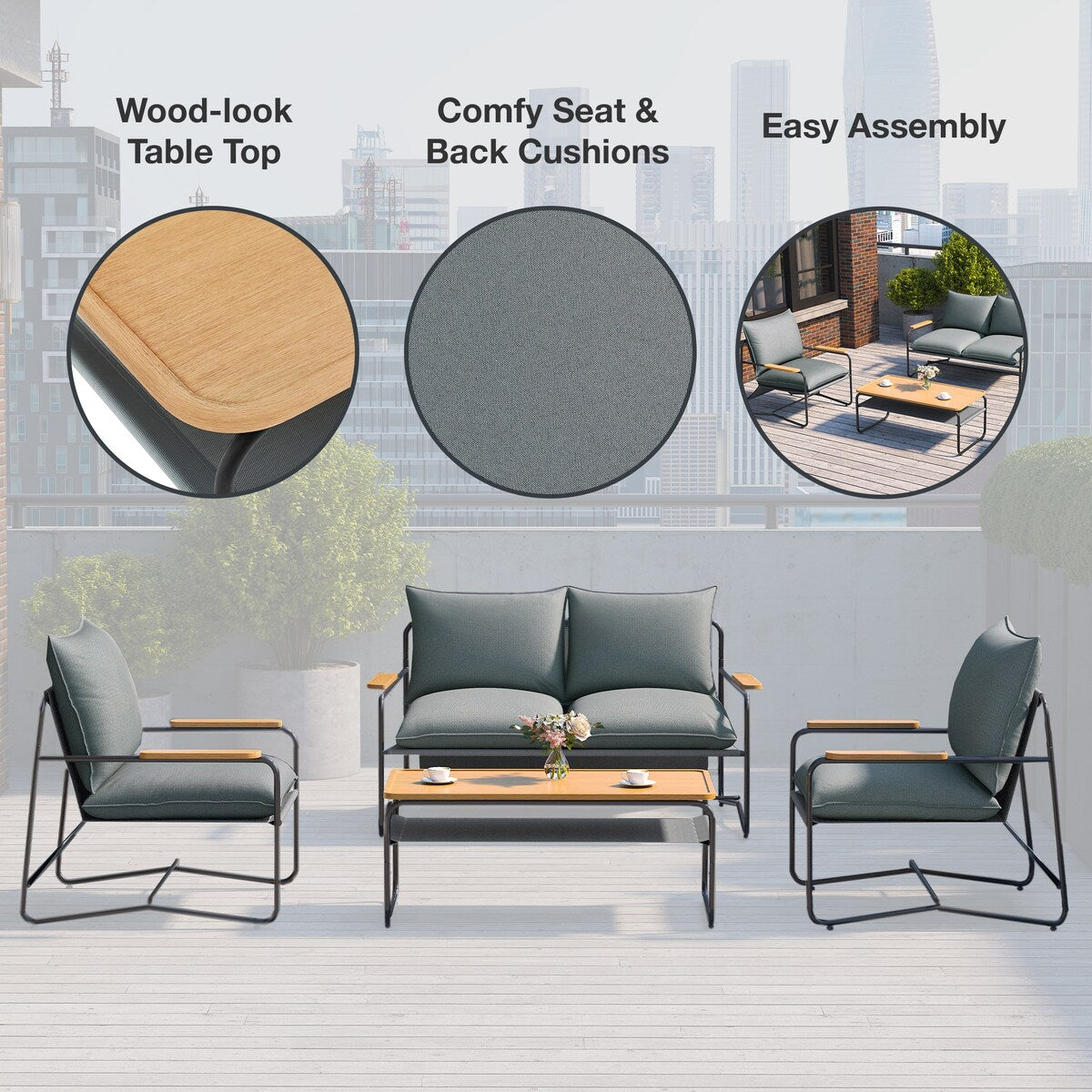 OVE Decors Barron 4-Piece Outdoor Patio Conversation Furniture Set