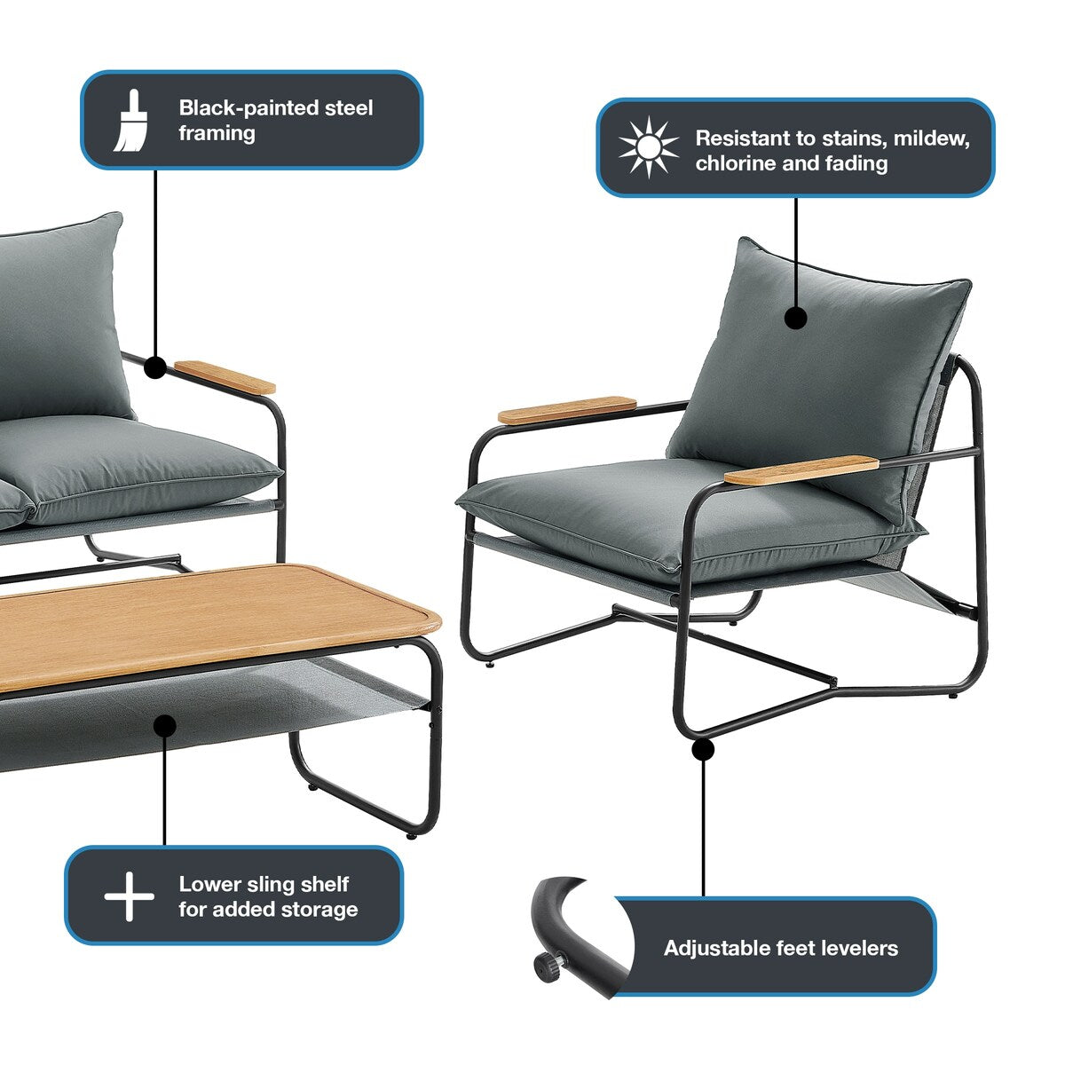 OVE Decors Barron 4-Piece Outdoor Patio Conversation Furniture Set