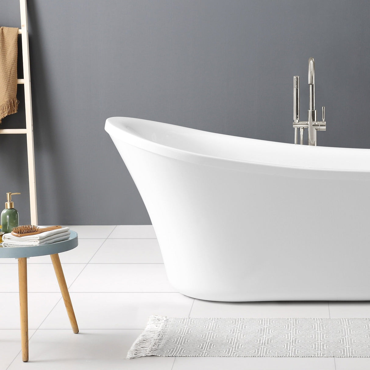OVE Decors Rachel 70 in. White Acrylic Bathtub with included Satin Nickel and Chrome Hardware