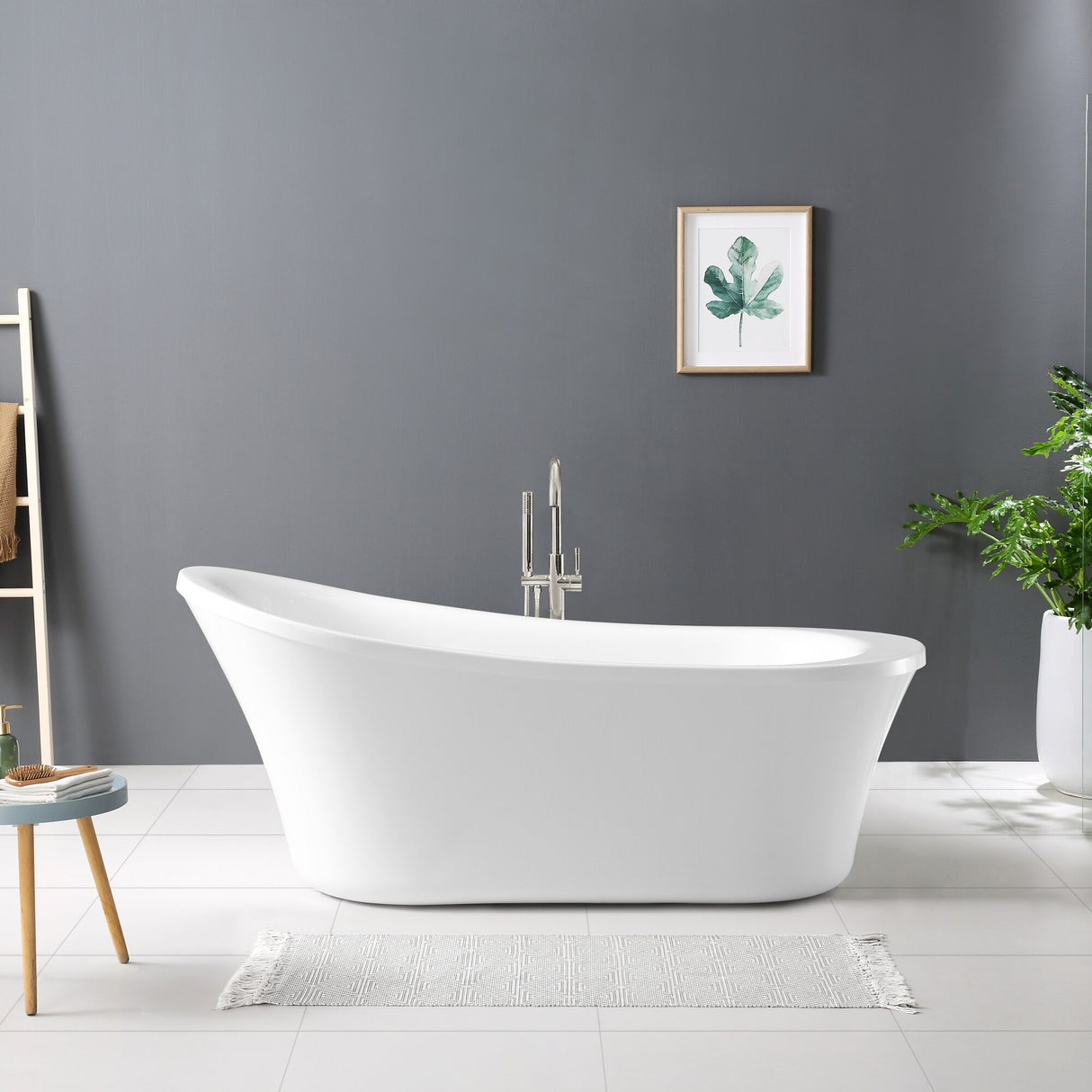 OVE Decors Rachel 70 in. White Acrylic Bathtub with included Satin Nickel and Chrome Hardware