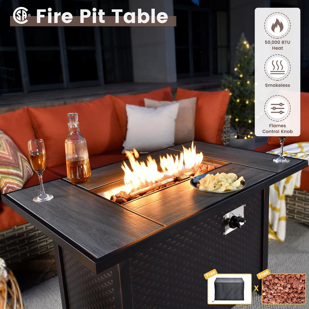 OVIOS 11 Pieces Outdoor Wicker Swivel Chair Set With Solar-Powered Coffee Table&Fire Pit