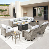 OVIOS 11 Pieces Outdoor Wicker Swivel Chair Set With Solar-Powered Coffee Table&Fire Pit