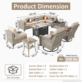 OVIOS 11 Pieces Outdoor Wicker Swivel Chair Set With Solar-Powered Coffee Table&Fire Pit