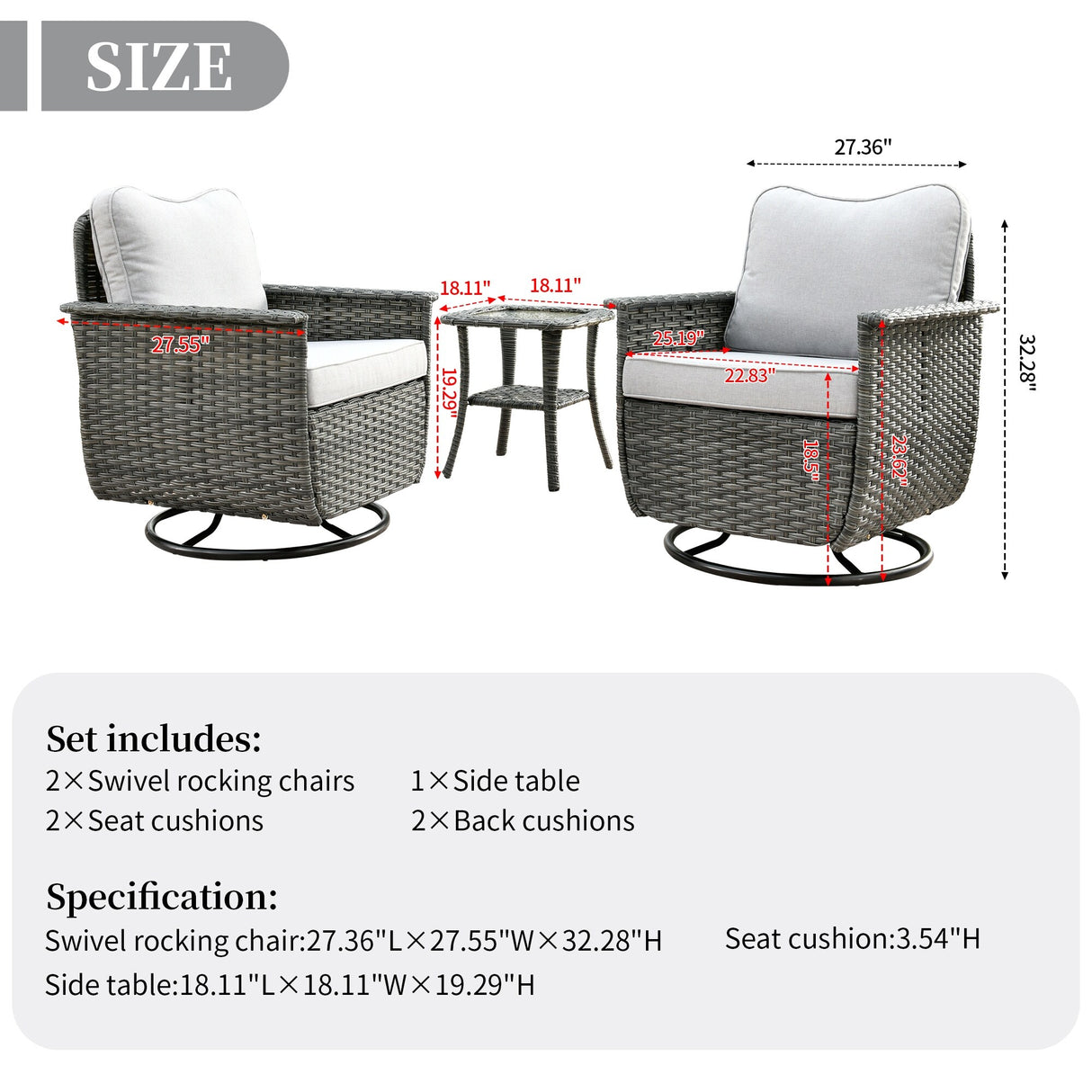 OVIOS 3-piece Pet-Friendly Patio Furniture Swivel Chairs Wicker Set