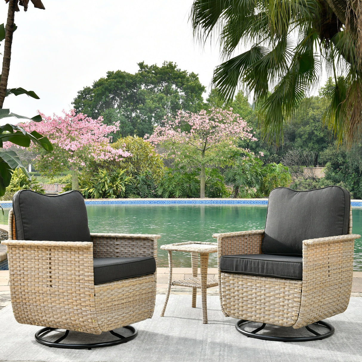 OVIOS 3-piece Pet-Friendly Patio Furniture Swivel Chairs Wicker Set