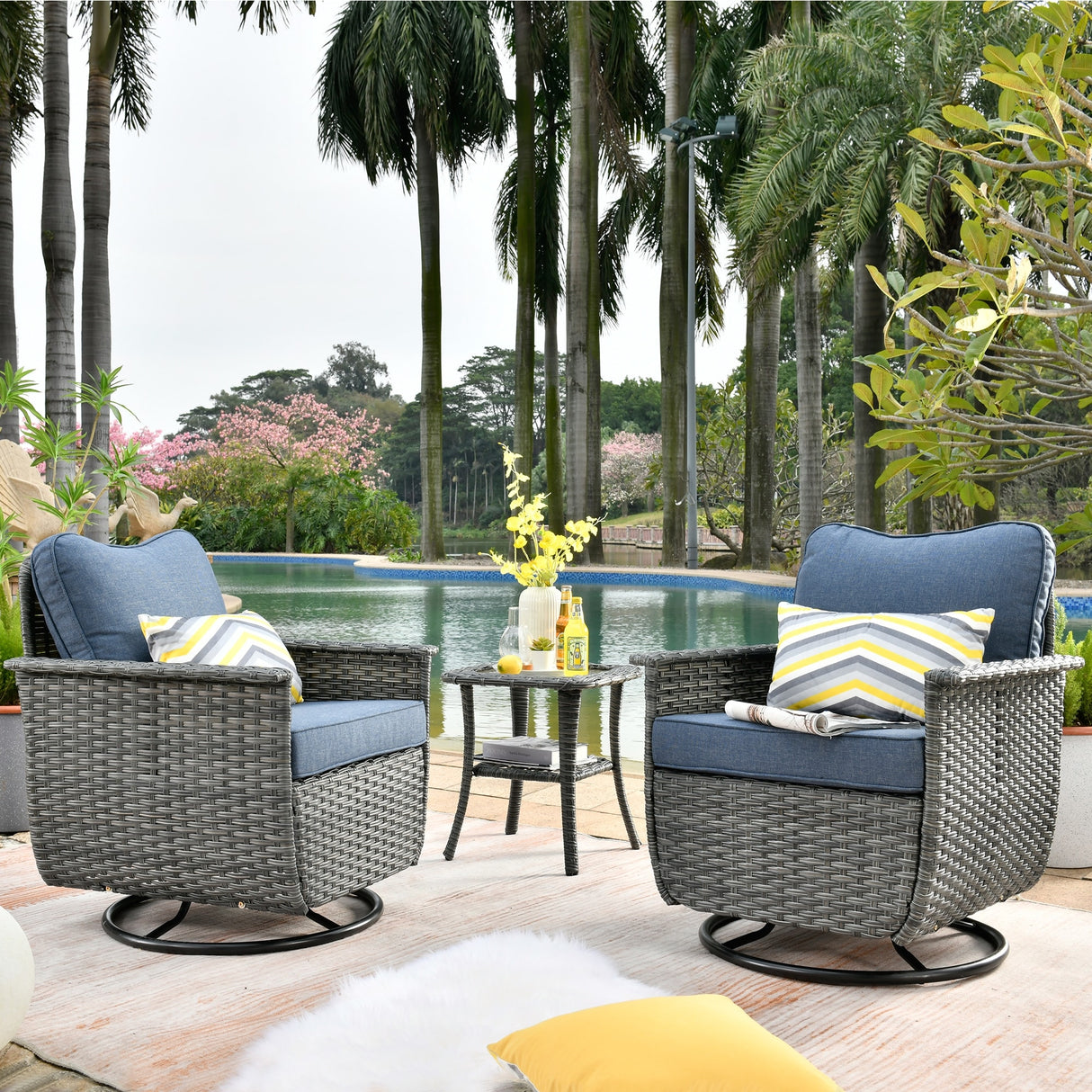 OVIOS 3-piece Pet-Friendly Patio Furniture Swivel Chairs Wicker Set