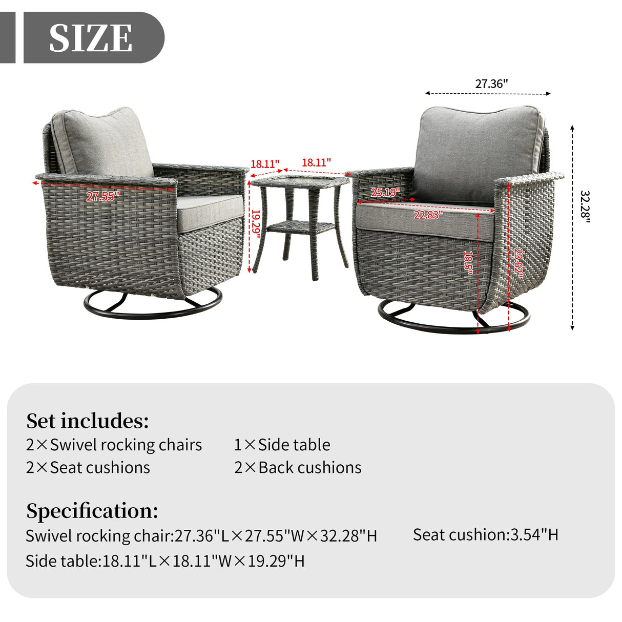 OVIOS 3-piece Pet-Friendly Patio Furniture Swivel Chairs Wicker Set
