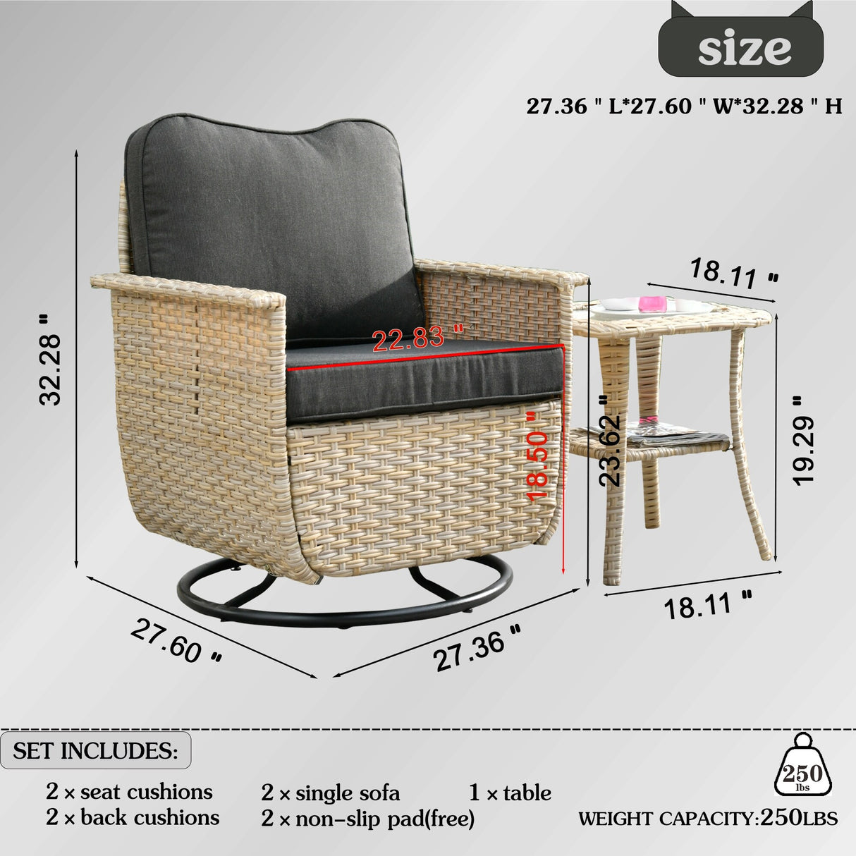OVIOS 3-piece Pet-Friendly Patio Furniture Swivel Chairs Wicker Set