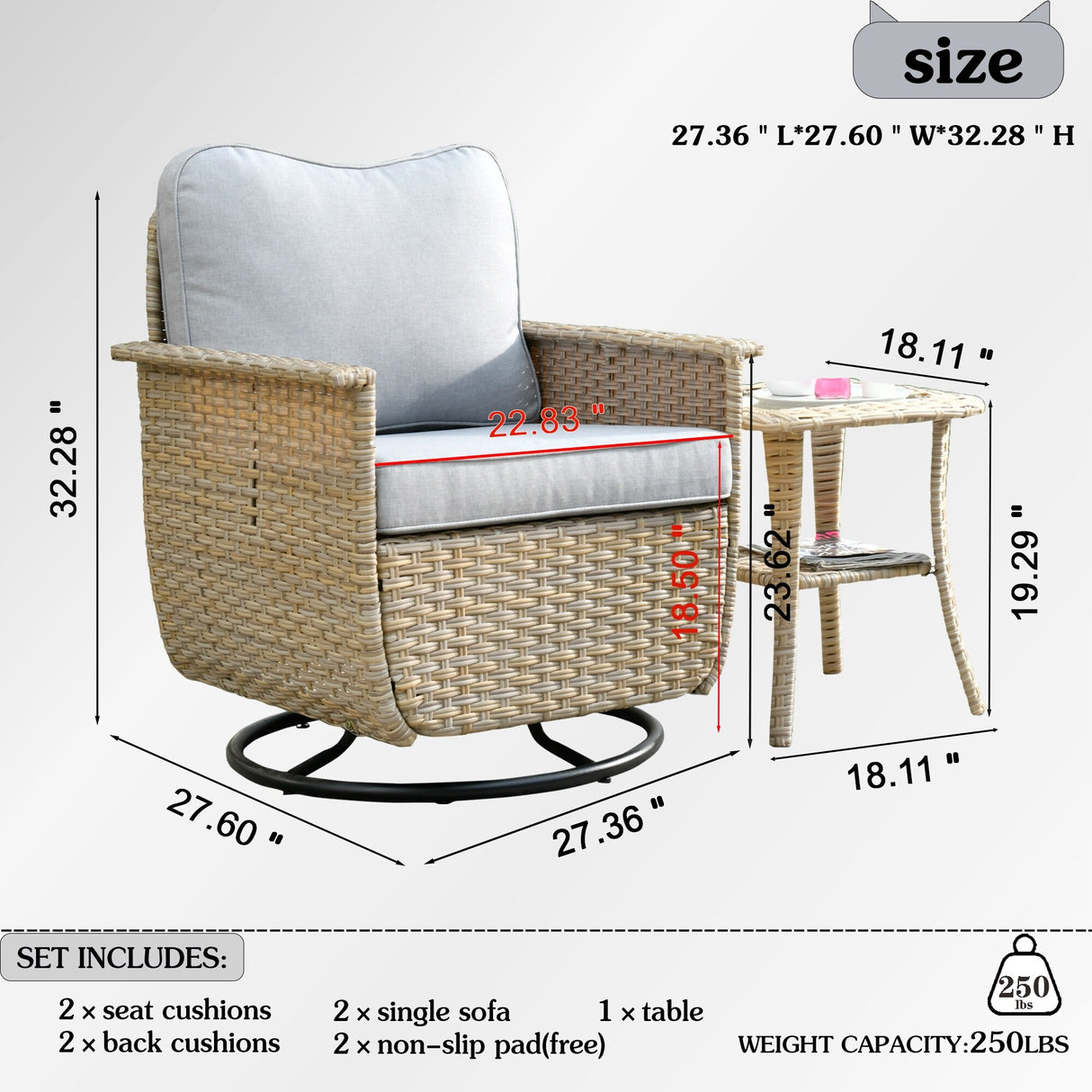 OVIOS 3-piece Pet-Friendly Patio Furniture Swivel Chairs Wicker Set