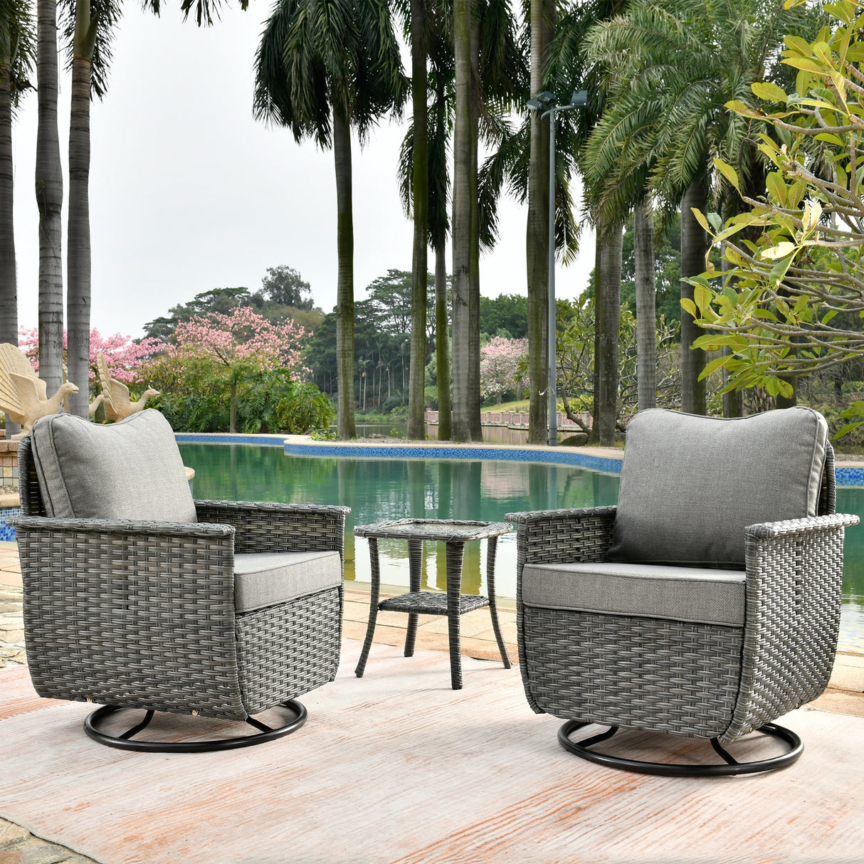 OVIOS 3-piece Pet-Friendly Patio Furniture Swivel Chairs Wicker Set