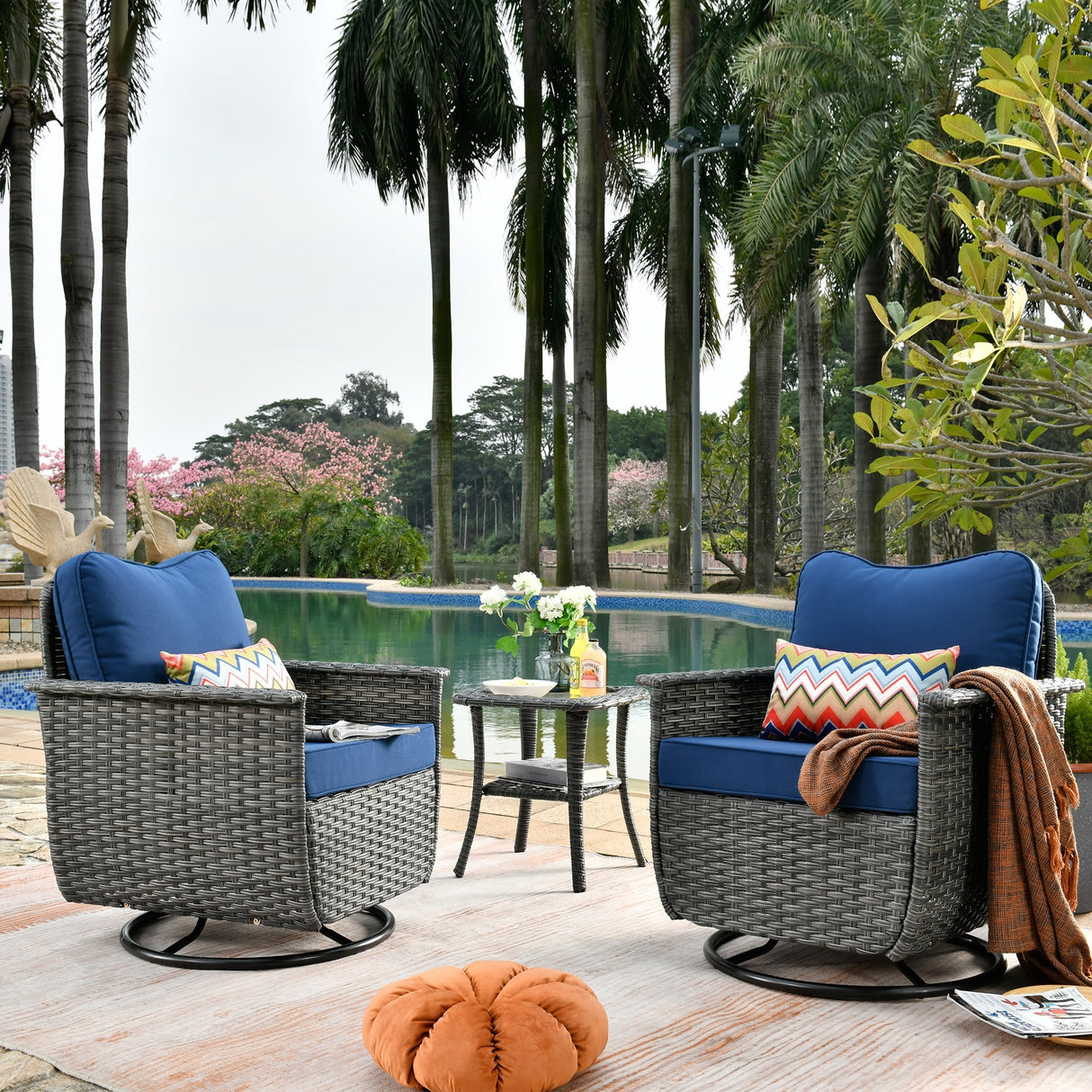 OVIOS 3-piece Pet-Friendly Patio Furniture Swivel Chairs Wicker Set