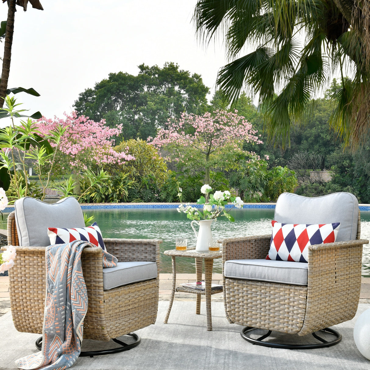 OVIOS 3-piece Pet-Friendly Patio Furniture Swivel Chairs Wicker Set