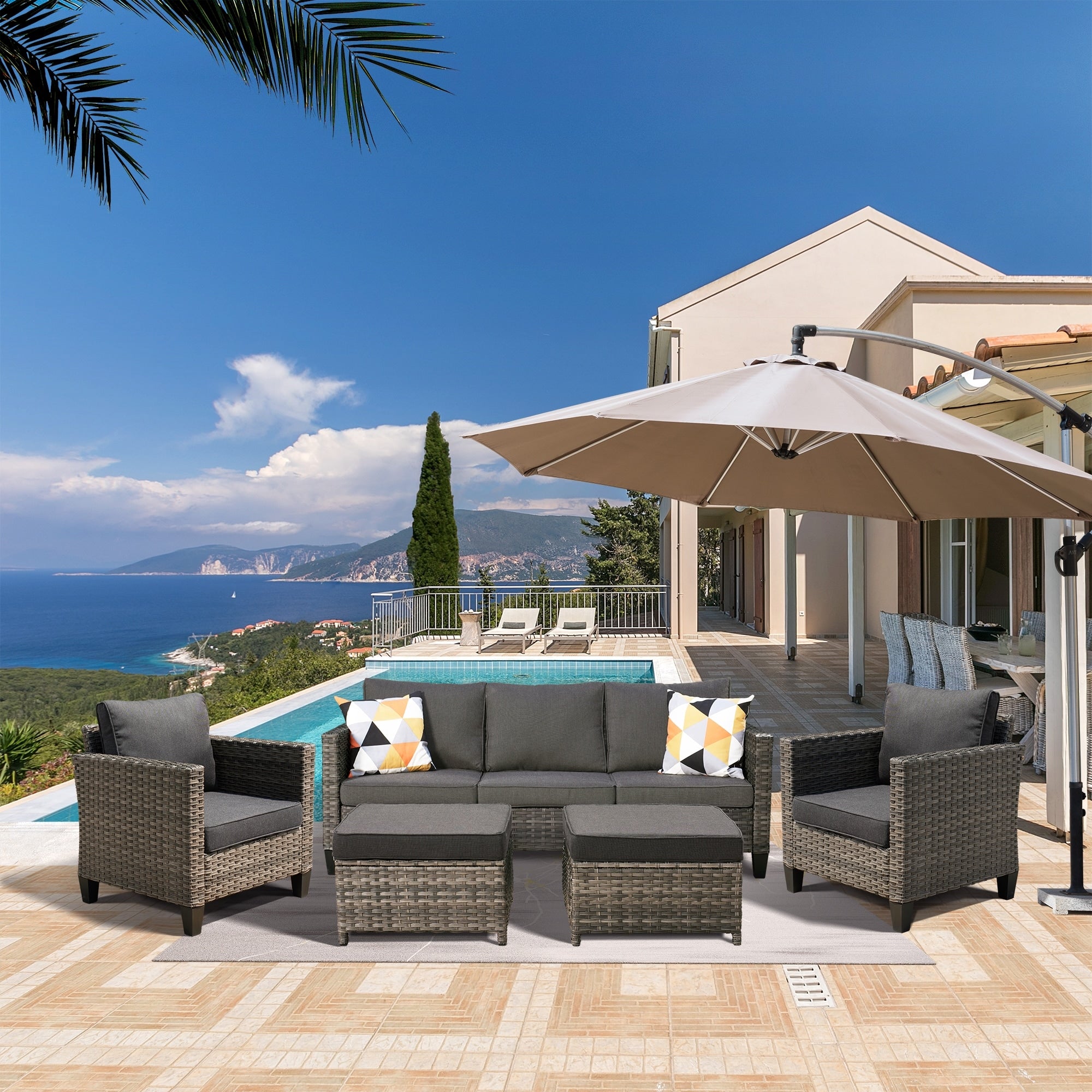 OVIOS 5 piece Patio Furniture Wicker Outdoor High back Seating Set