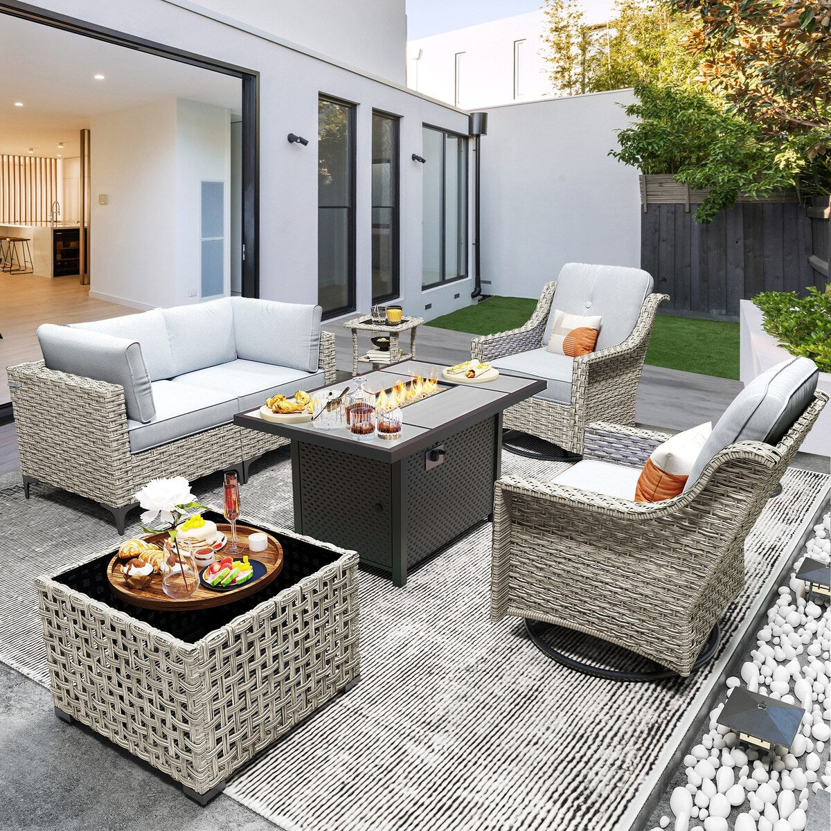 OVIOS 7 Pieces Outdoor Wicker Furniture Set With Solar-Powered Coffee Table&Fire Pit