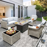 OVIOS 7 Pieces Outdoor Wicker Furniture Set With Solar-Powered Coffee Table&Fire Pit