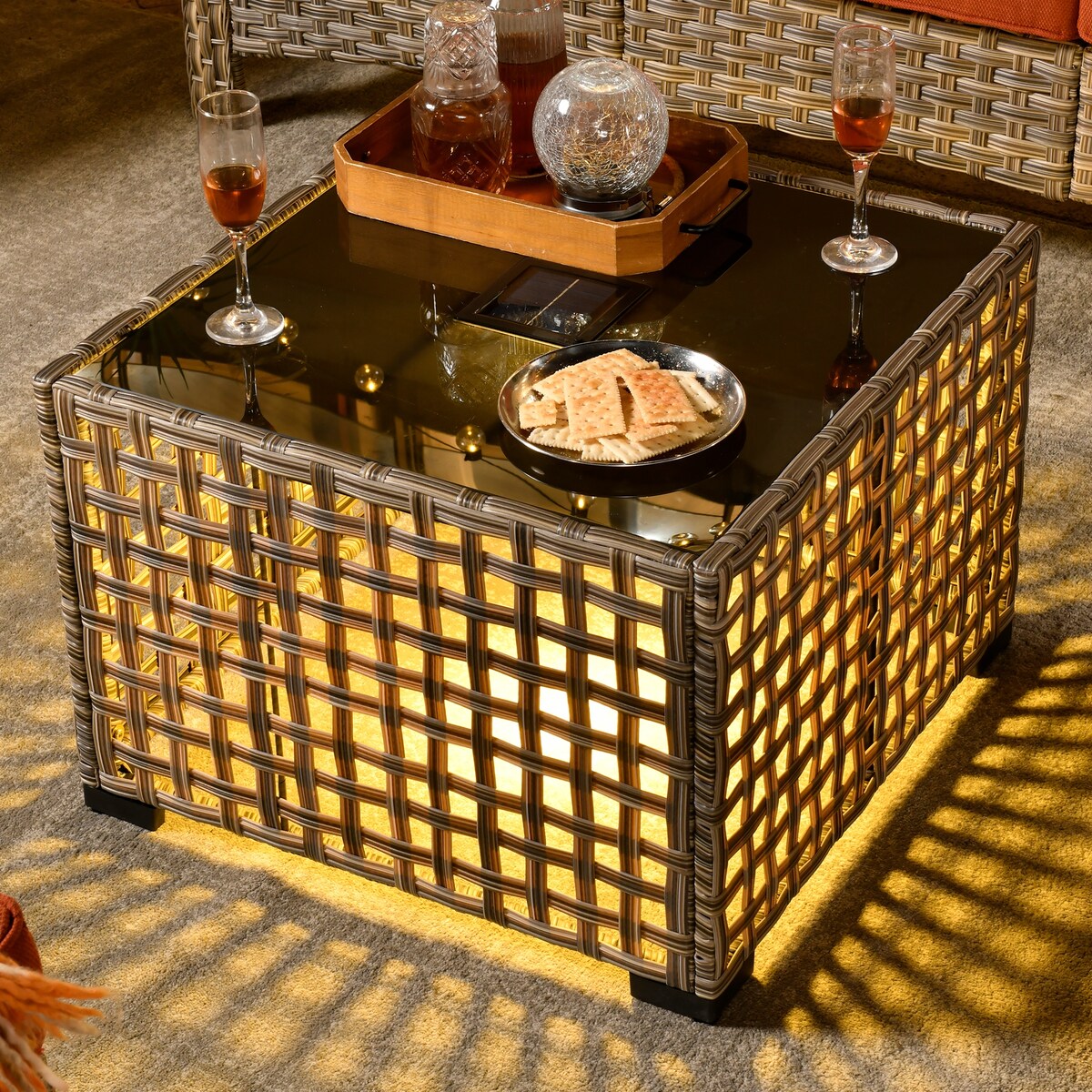 OVIOS 7 Pieces Outdoor Wicker Furniture Set With Solar-Powered Coffee Table&Fire Pit
