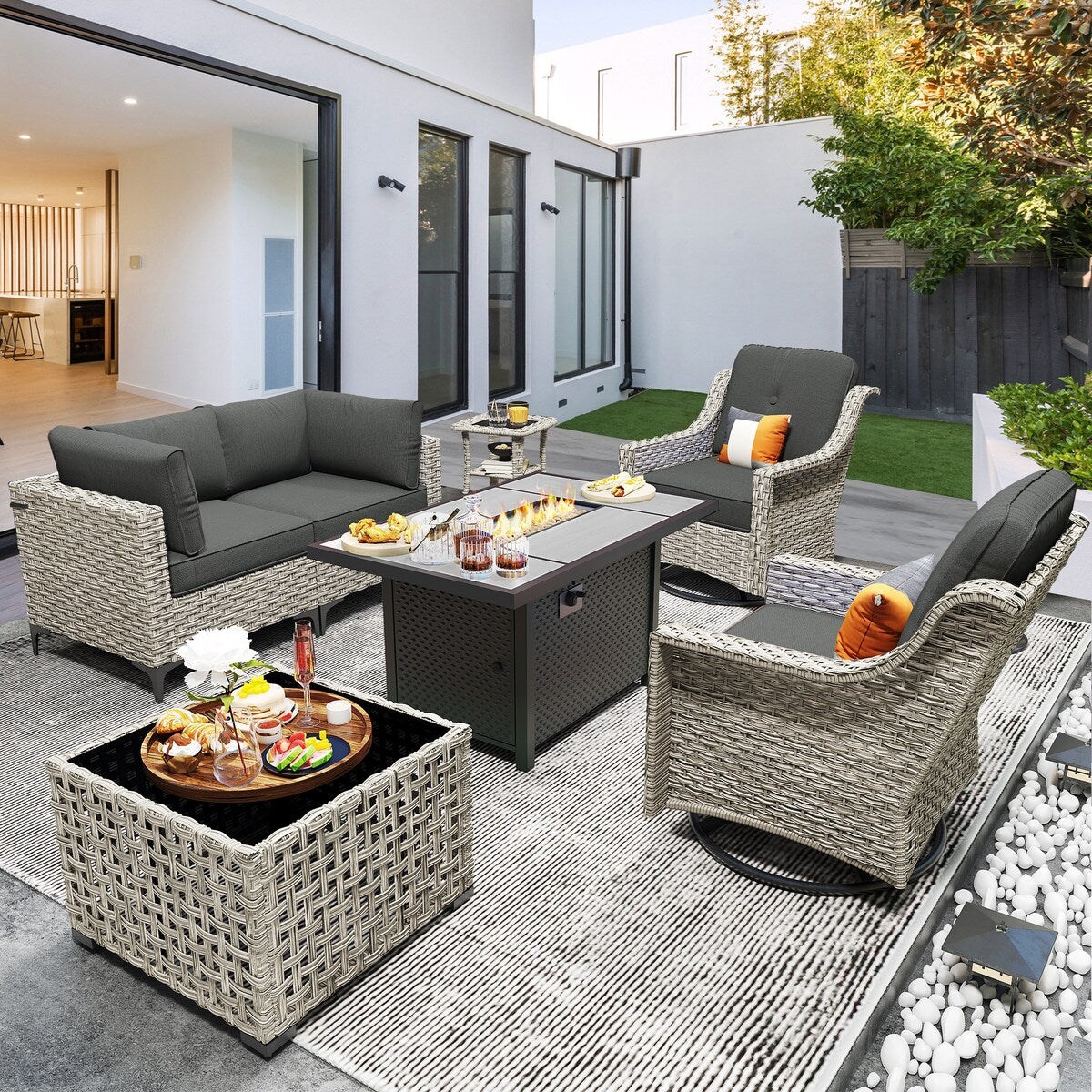 OVIOS 7 Pieces Outdoor Wicker Furniture Set With Solar-Powered Coffee Table&Fire Pit