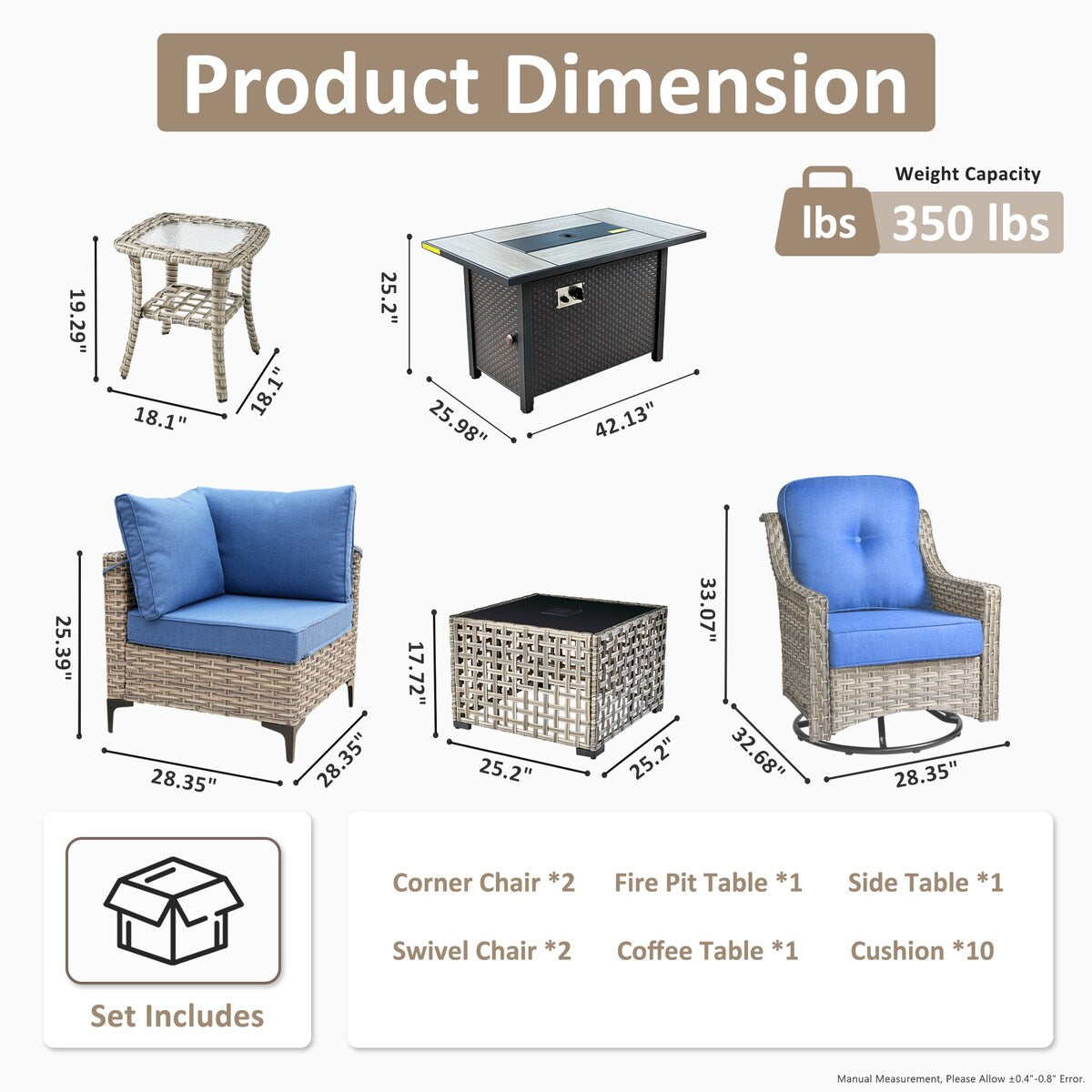 OVIOS 7 Pieces Outdoor Wicker Furniture Set With Solar-Powered Coffee Table&Fire Pit