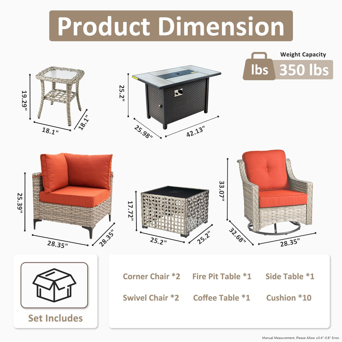 OVIOS 7 Pieces Outdoor Wicker Furniture Set With Solar-Powered Coffee Table&Fire Pit