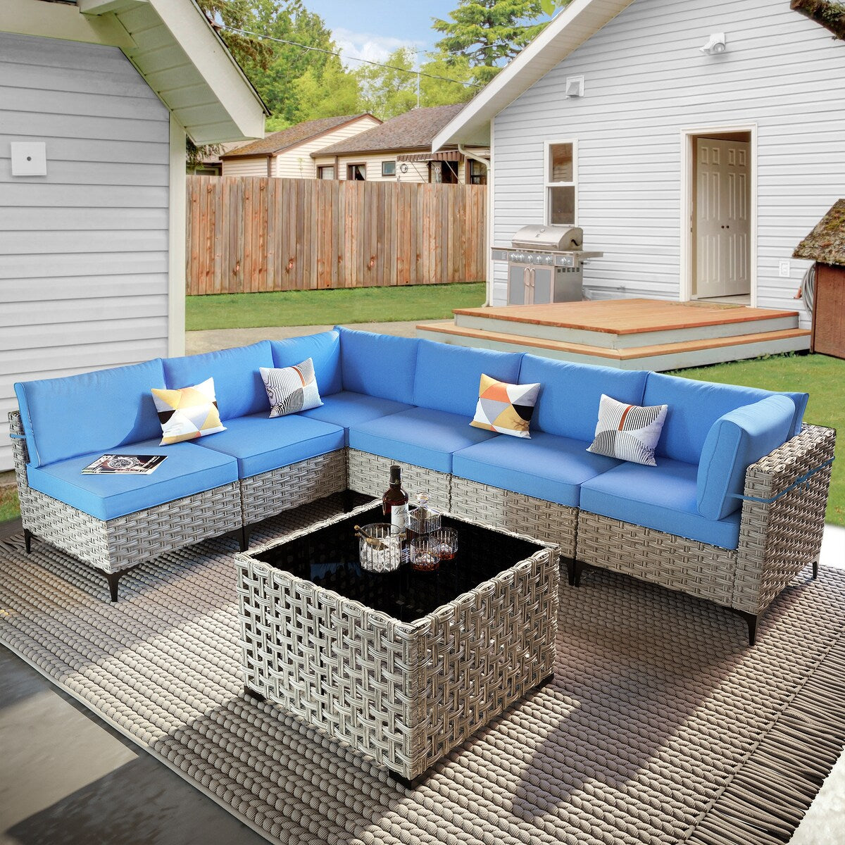 OVIOS 7 Pieces Outdoor Wicker Furniture Set With Solar-Powered Coffee Table