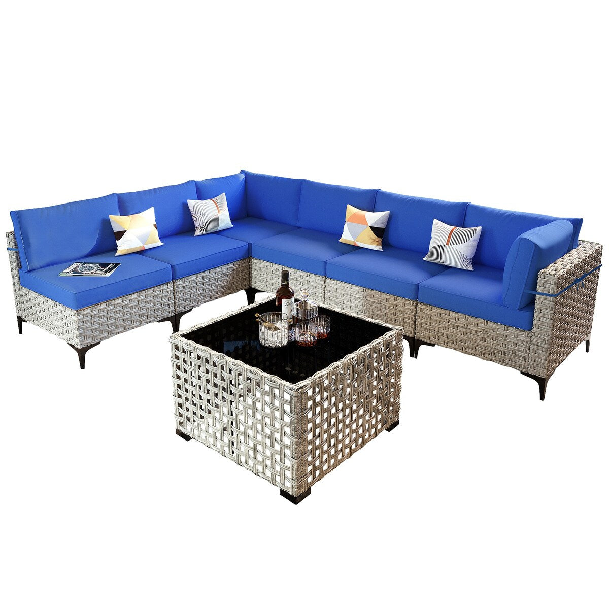 OVIOS 7 Pieces Outdoor Wicker Furniture Set With Solar-Powered Coffee Table
