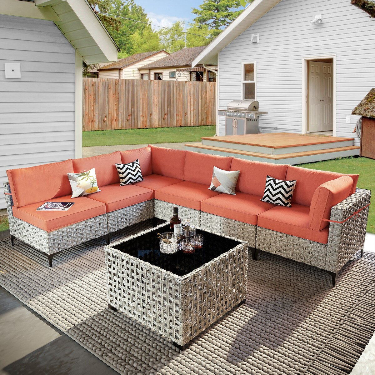OVIOS 7 Pieces Outdoor Wicker Furniture Set With Solar-Powered Coffee Table