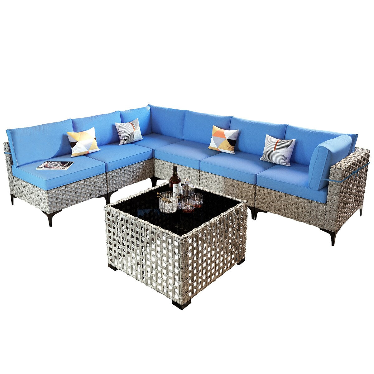 OVIOS 7 Pieces Outdoor Wicker Furniture Set With Solar-Powered Coffee Table
