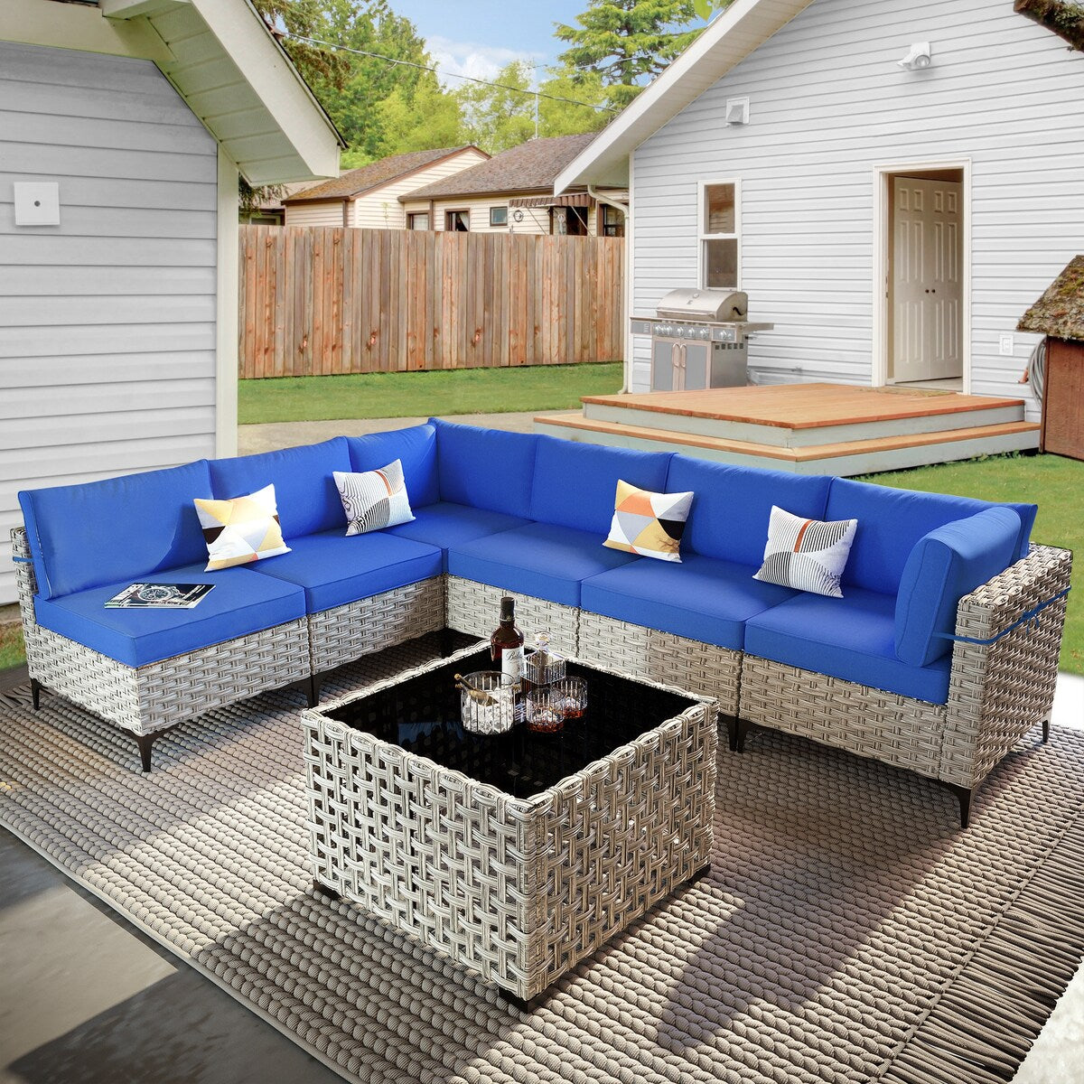 OVIOS 7 Pieces Outdoor Wicker Furniture Set With Solar-Powered Coffee Table