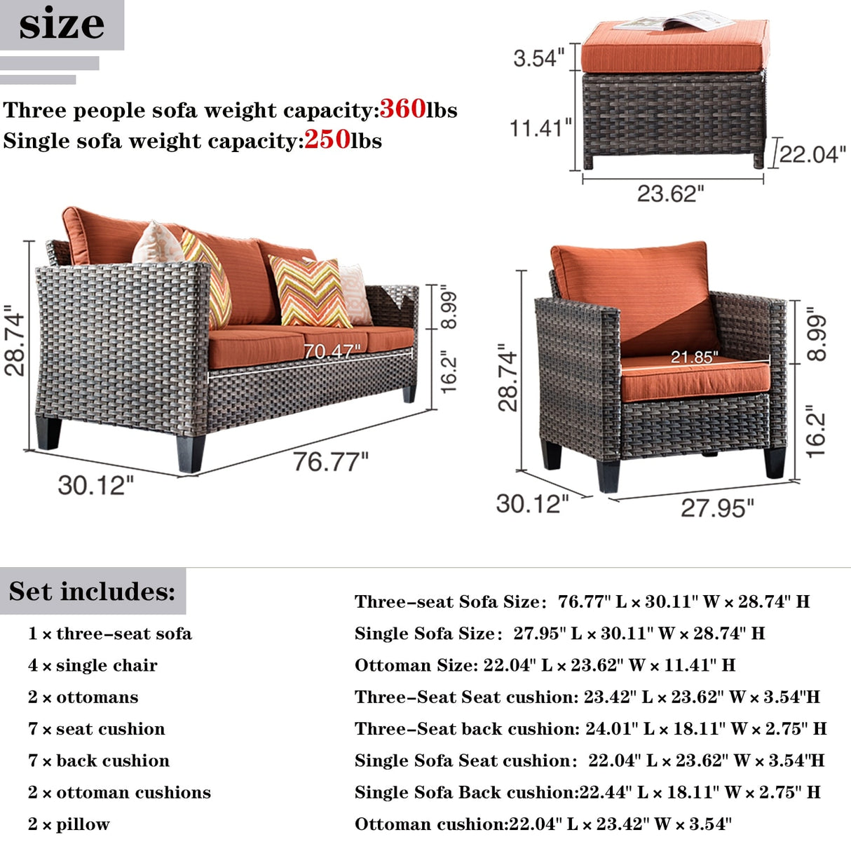 OVIOS 7-piece Patio Outdoor Wicker Conversation Set