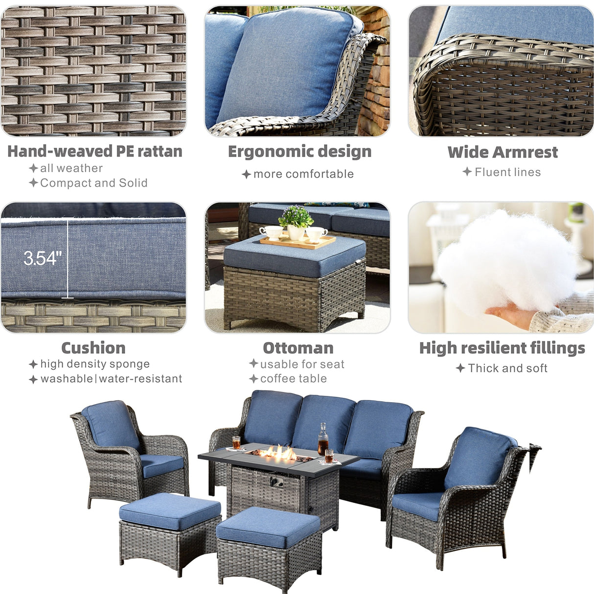 OVIOS Grey Wicker 6-piece Patio Furniture Set With Rectangular Fire Pit
