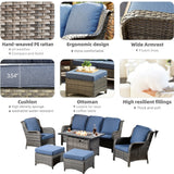 OVIOS Grey Wicker 6-piece Patio Furniture Set With Rectangular Fire Pit