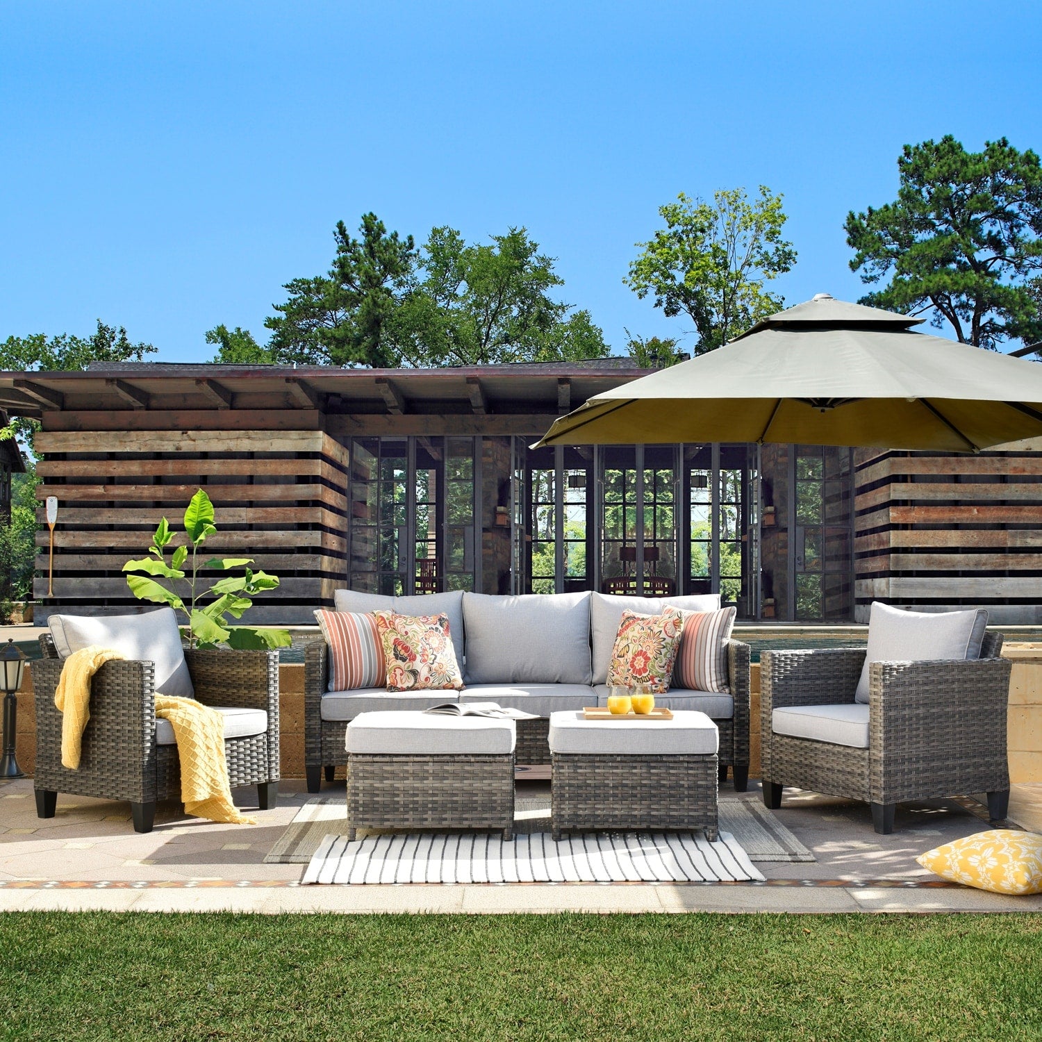 OVIOS 5 piece Patio Furniture Wicker Outdoor High back Seating Set
