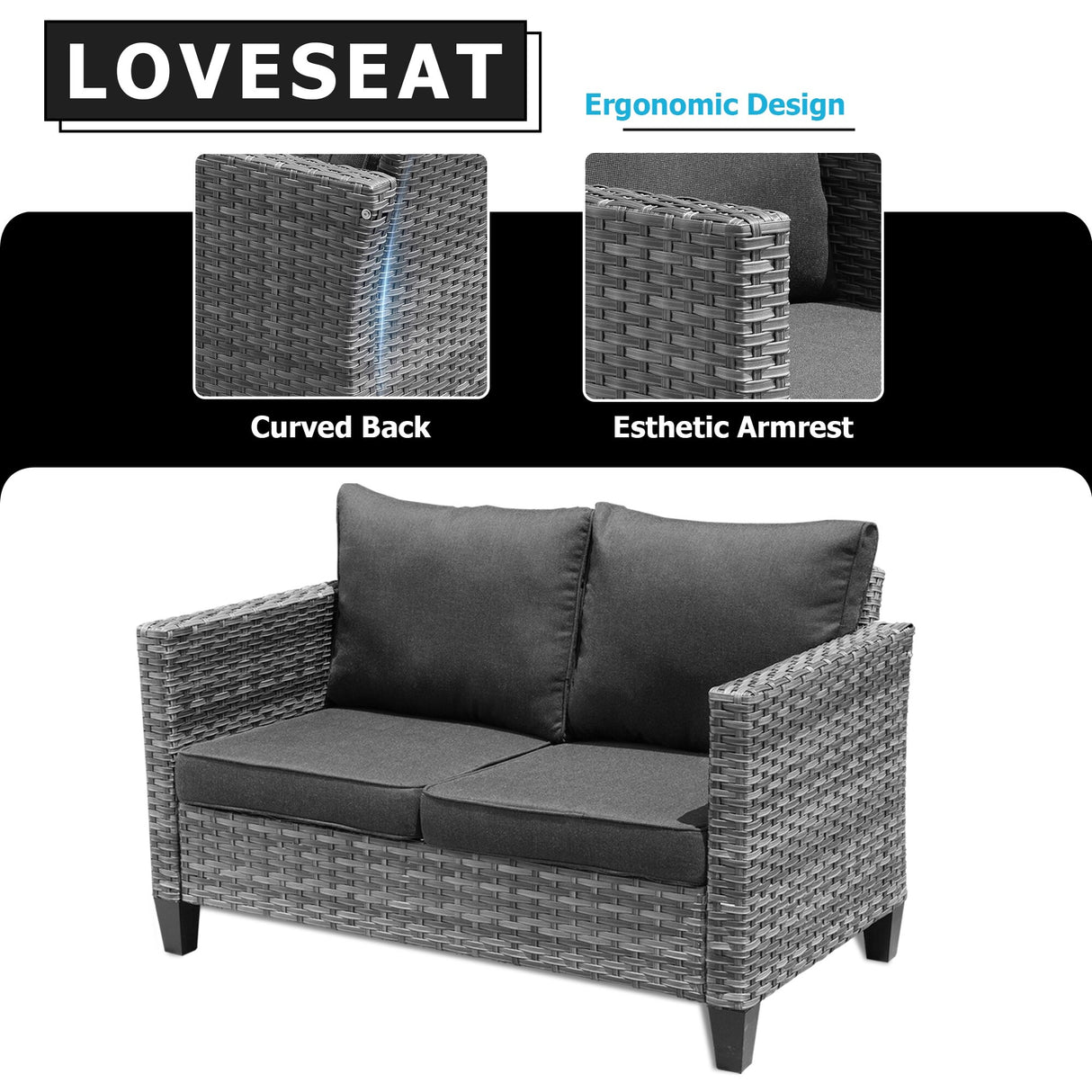 OVIOS Patio Outdoor Grey Wicker Loveseat