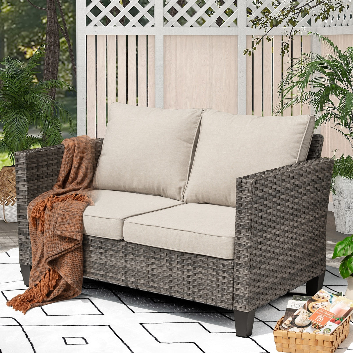 OVIOS Patio Outdoor Grey Wicker Loveseat