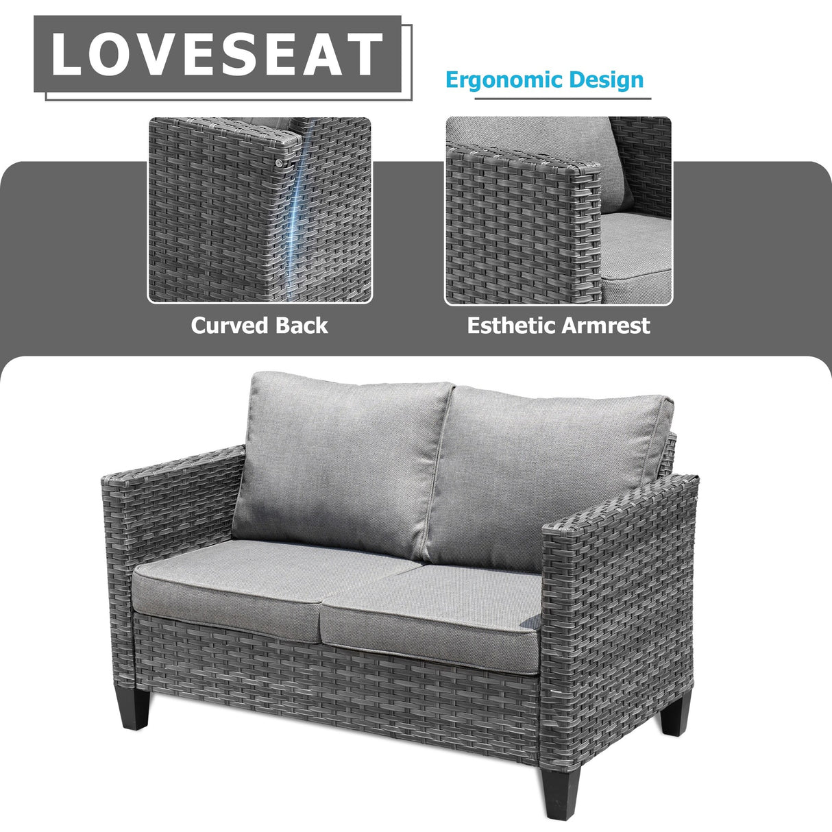 OVIOS Patio Outdoor Grey Wicker Loveseat
