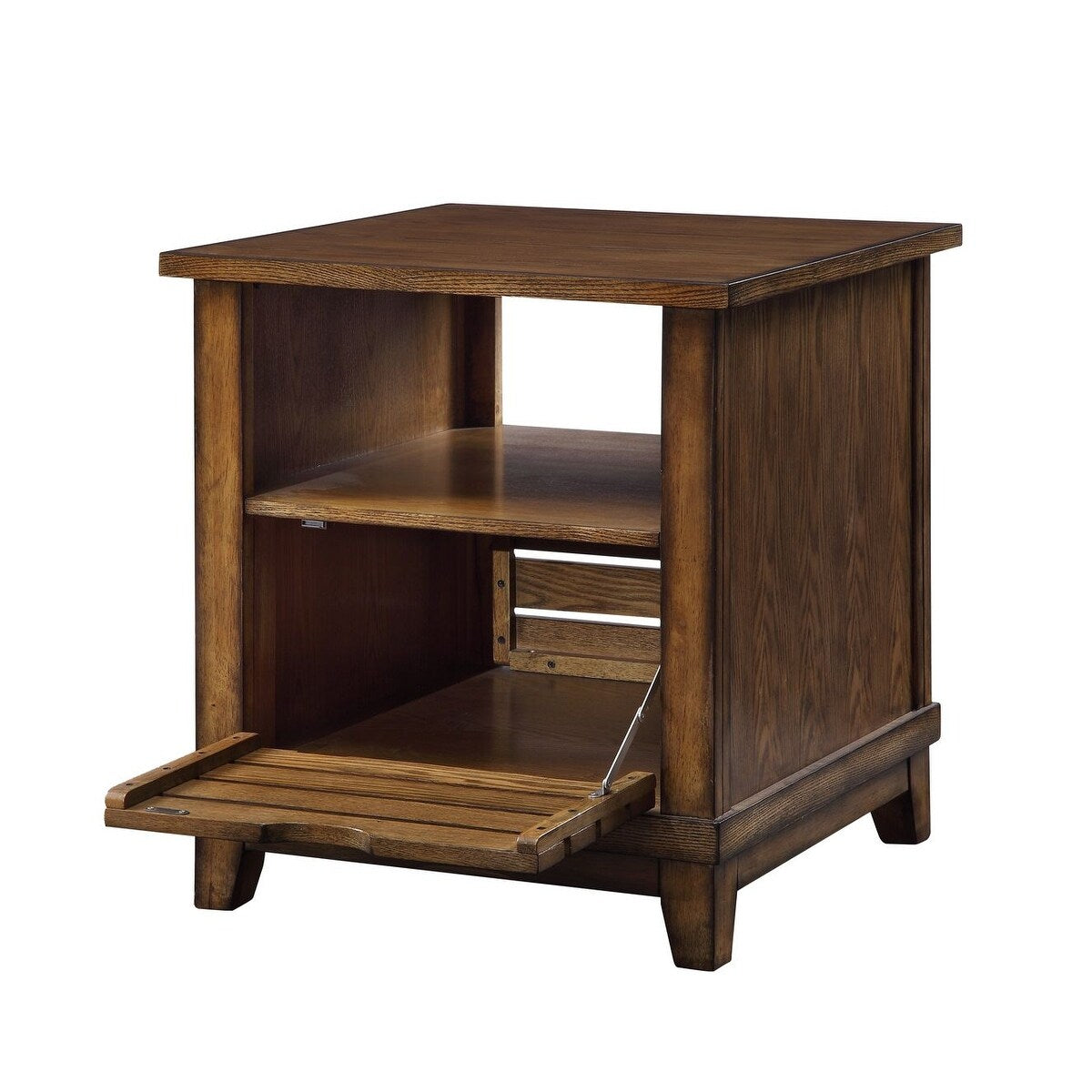 Oak End Table Nightstand with Open Top Compartment and Drop-Down Door