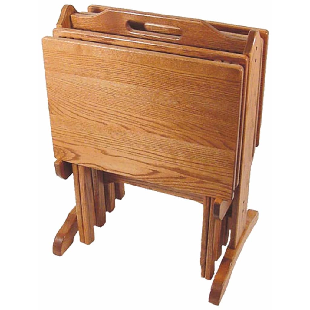 Oak Folding TV Tray Set with Storage Stand