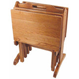 Oak Folding TV Tray Set with Storage Stand