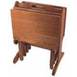 Oak Folding TV Tray Set with Storage Stand