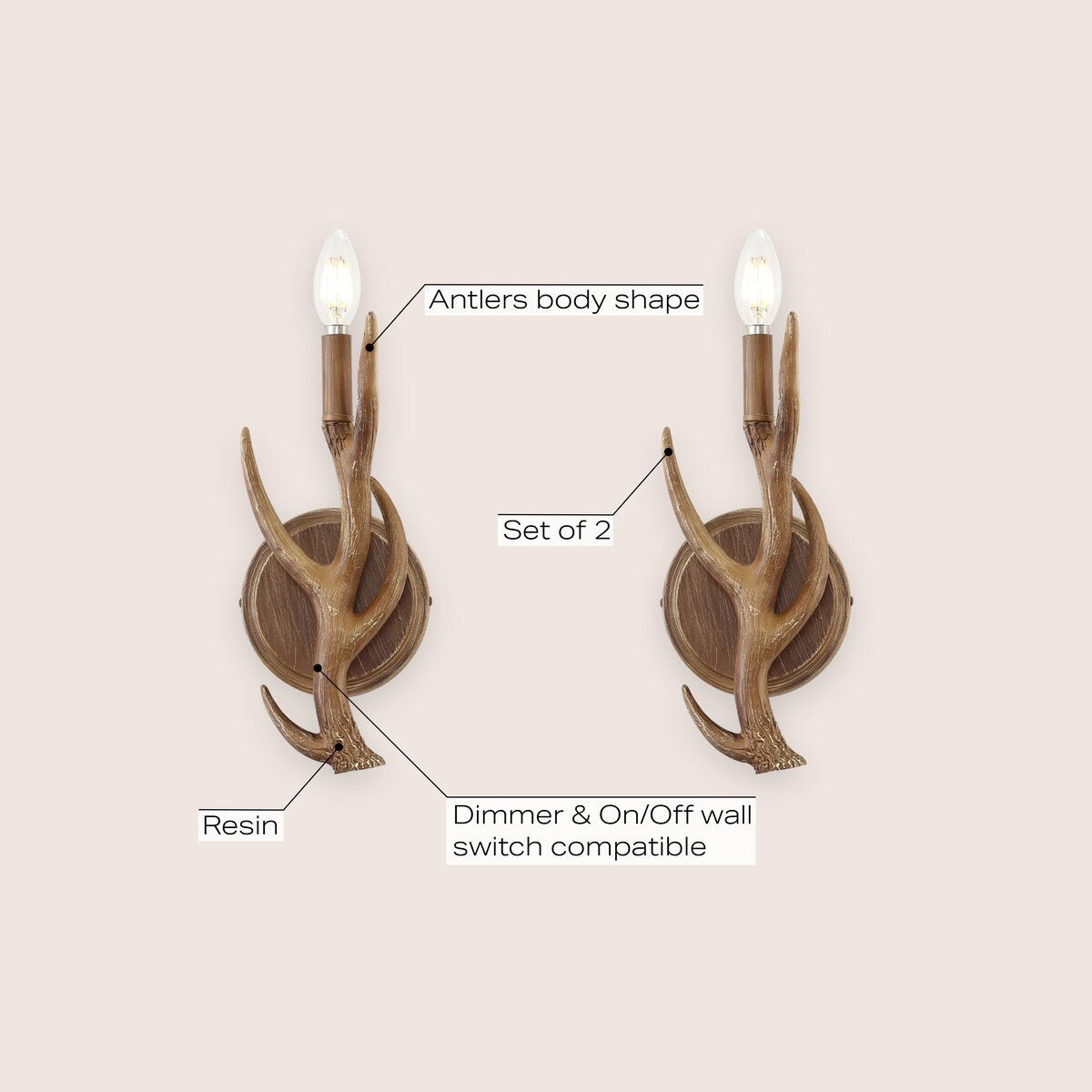 Oakley 5.5" 1-Light Southwestern Bohemian Resin/Iron Faux Antler LED Sconce, Brown Wood Finish (Set of 2) by JONATHAN Y
