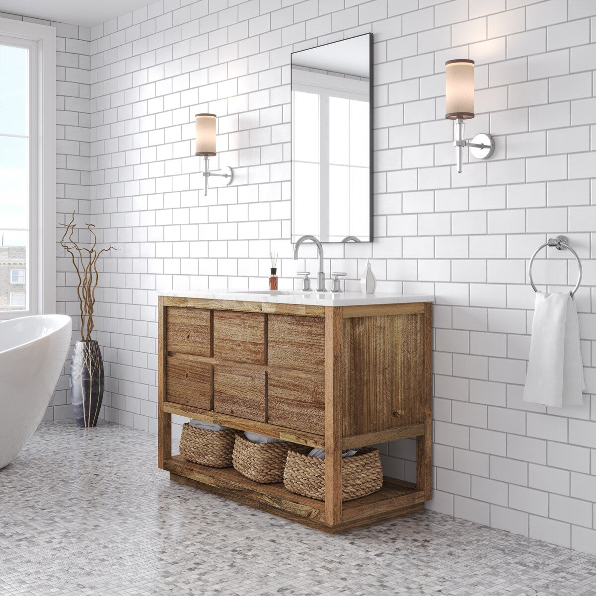 Oakman Mango Wood Carrara White Marble Countertop Bath Vanity with Faucet
