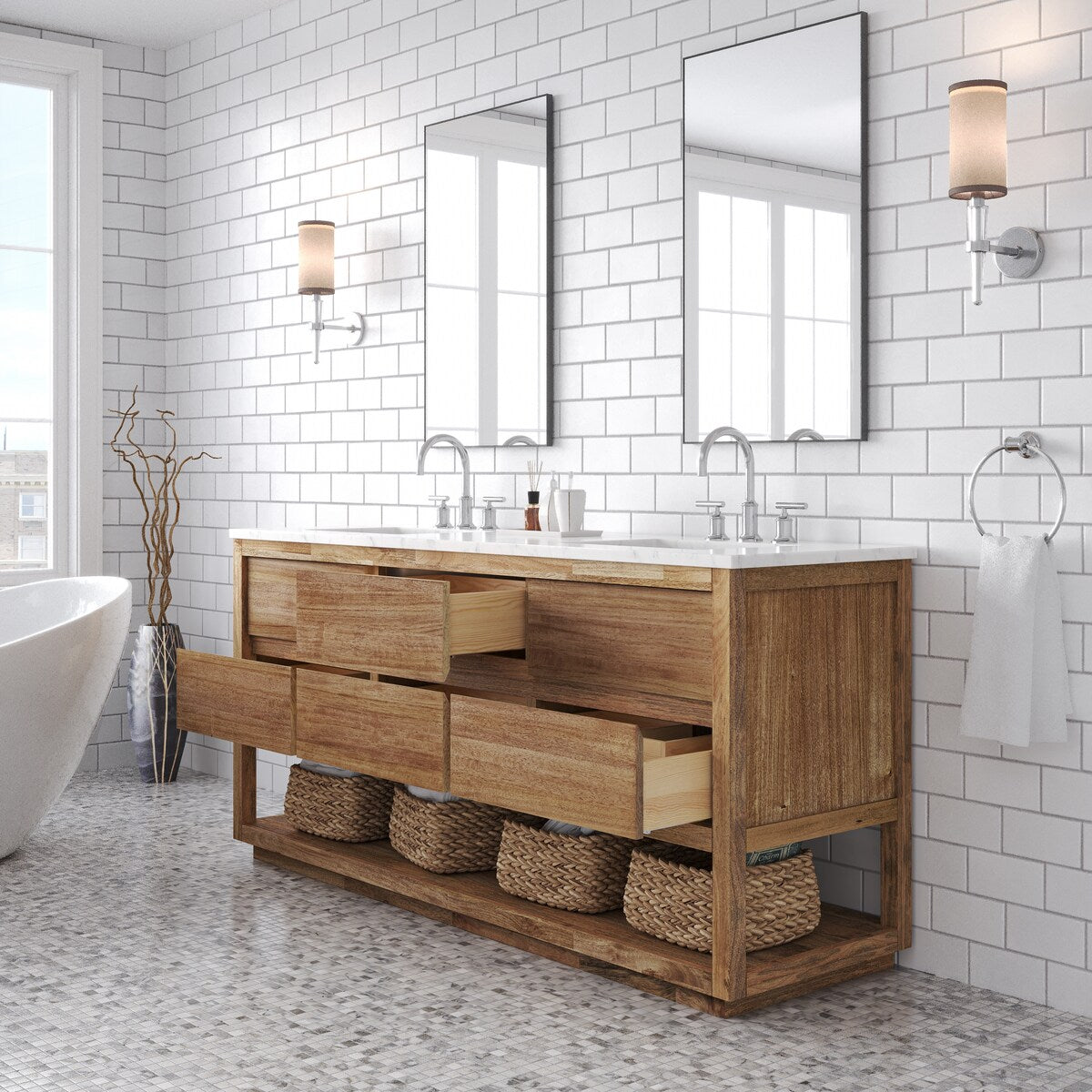 Oakman Mango Wood Carrara White Marble Countertop Bath Vanity with Faucet