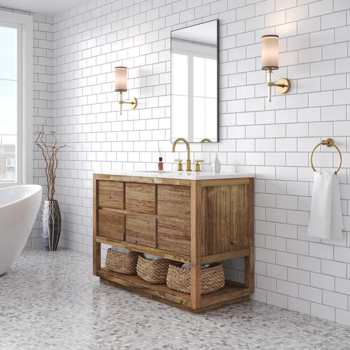 Oakman Mango Wood Carrara White Marble Countertop Bath Vanity with Faucet