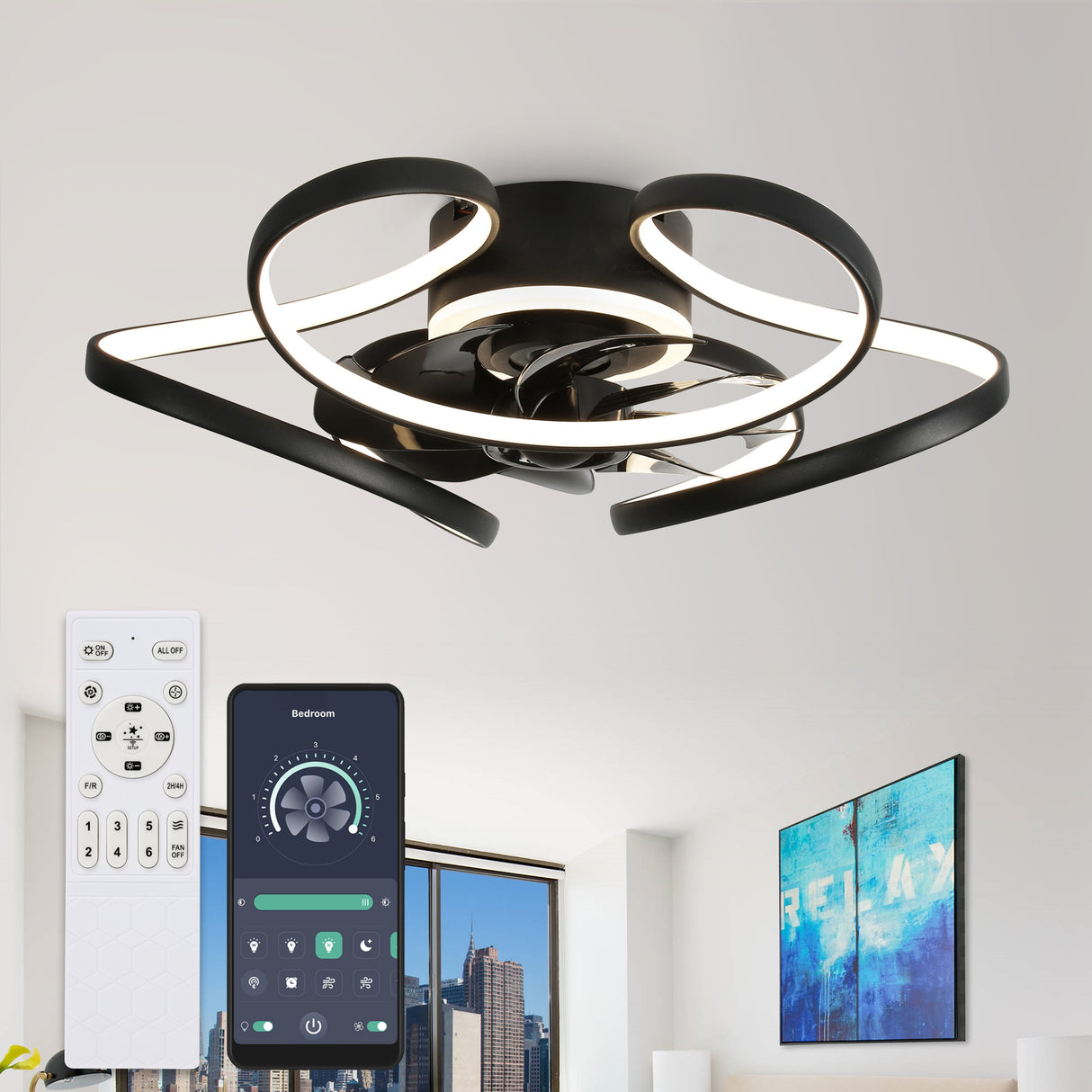 Oaks Aura 22"Futuristic Black Modern Flush Mount Ceiling Fan with Light, Low Profile 6-Speed Smart APP Ceiling Fan With Remote