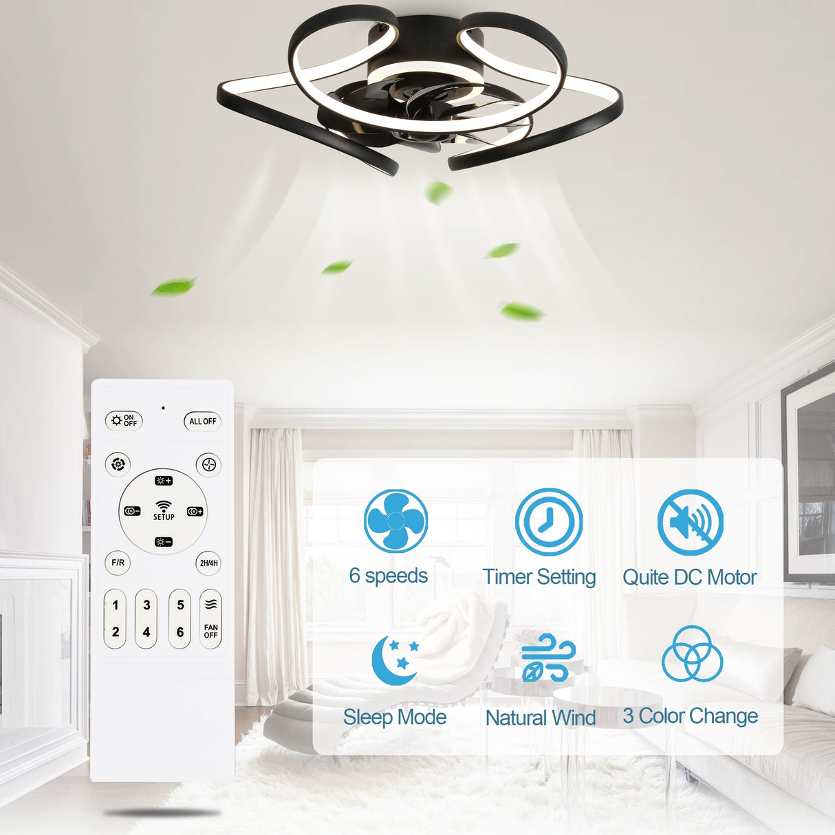 Oaks Aura 22"Futuristic Black Modern Flush Mount Ceiling Fan with Light, Low Profile 6-Speed Smart APP Ceiling Fan With Remote