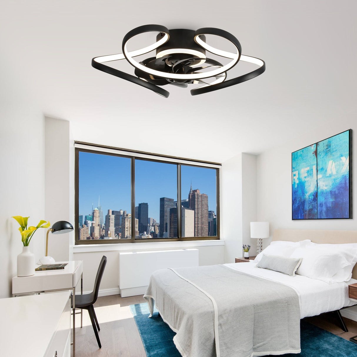 Oaks Aura 22"Futuristic Black Modern Flush Mount Ceiling Fan with Light, Low Profile 6-Speed Smart APP Ceiling Fan With Remote