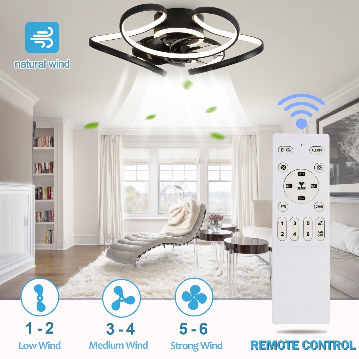 Oaks Aura 22"Futuristic Black Modern Flush Mount Ceiling Fan with Light, Low Profile 6-Speed Smart APP Ceiling Fan With Remote